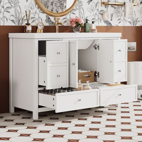 Meuble de salle de bain sur pied 120x50x86.5 cm - Finition laquée - 4 tiroirs et 2 poignées de porte - Vasque en résine - Blanc