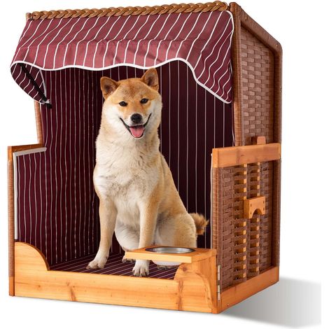 Fauteuil Chien en rotin, gamelle, avec Toit, 95x75x65 cm, Jardin/terrasse, Bois, Rouge foncé (1/5)
