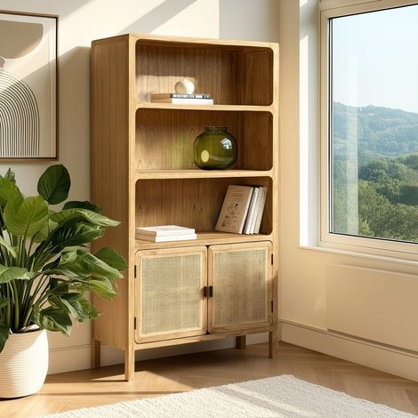 AMY - Bibliothèque 2 portes 3 étagères H180cm en bois de mindi et rotin (1/5)