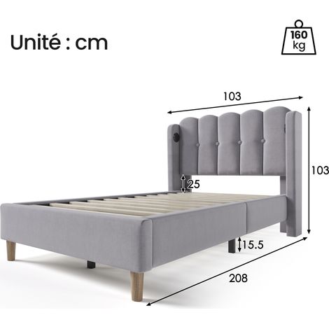 Letto Singolo 90×200 cm, Letto a 1 Piazza con USB, USB-C e Testiera Imbottita, senza Materasso, Lino, Grigio (1/4)