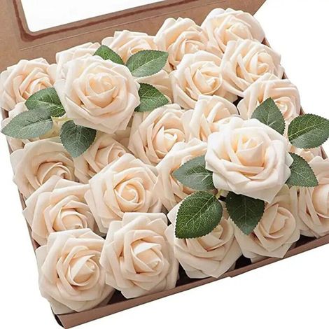 Lot de 25 roses artificielles en mousse avec feuilles, fleurs décoratives coloris champagne (1/3)