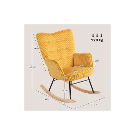 Fauteuil à bascule jaune avec revêtement effet bouclé, accoudoirs et patins en bois pour salon et chambre (1/5)