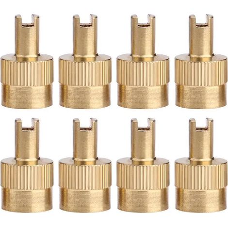 Lot de 8 capuchons de valve en cuivre à fente pour valves Schrader (voiture, moto, vélo) avec outil de démontage de l'obus.