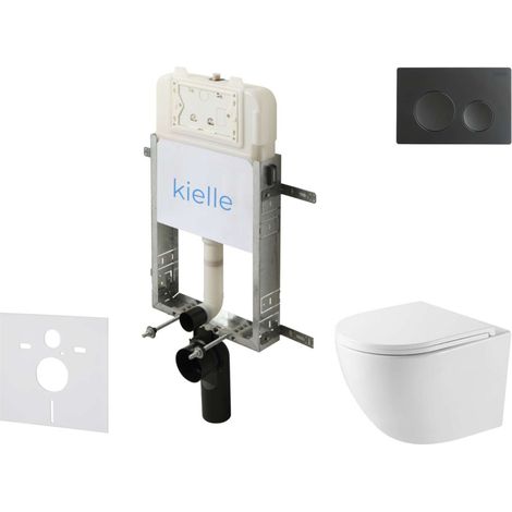 kielle Genesis New - Conjunto de instalación empotrada, inodoro compacto Oudee, Vortex Rimless+, asiento softclose y pulsador Gemini New I, negro mate 30528SZ39