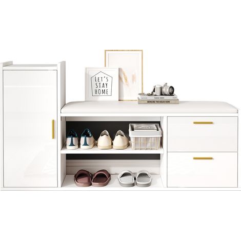 CHICFURN Meuble à chaussures banc blanc brillant 128 x 30 x 68 cm avec 2 tiroirs, 1 placard, étagère double, assise rembourrée et rangement pour entrée, salon ou bureau (1/5)