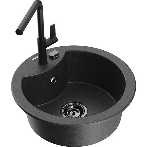 Mexen Diego 1-Becken-Granitspüle mit Mischbatterie Flora, Schwarz gesprenkelt - 6512-76-670401-70-B (1/5)