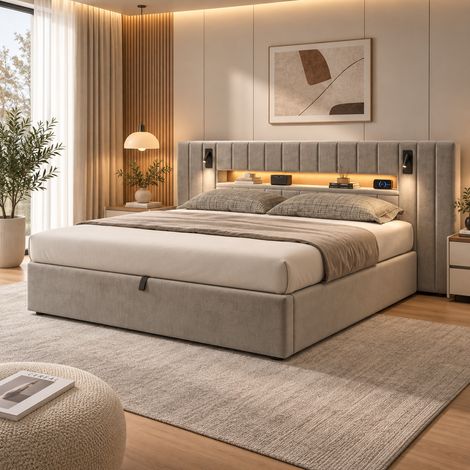 Lit coffre rembourré 180 x 200 cm, port USB, éclairage LED, lampe de chevet, espace de rangement, velours, gris (1/5)