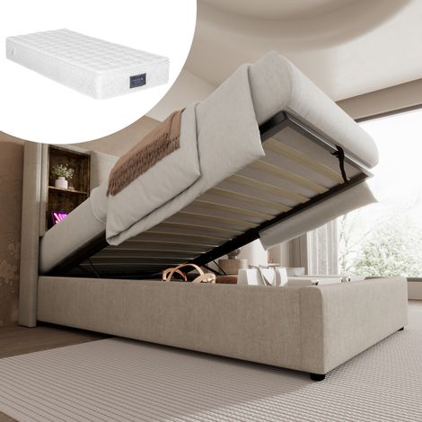 Lit simple avec chargeur sans fil USB-C, cadre de lit rembourré 90x200cm, cadre de lit avec espace de rangement, sommier à lattes en bois – lin naturel (avec matelas) (1/5)