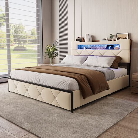 Lit 160x200 cm avec sommier à lattes et 4 tiroirs, Lit adulte avec éclairage LED et charge USB, Cadre de lit coffre 160x200 avec rangement et tête de lit, Velours, Beige (1/5)