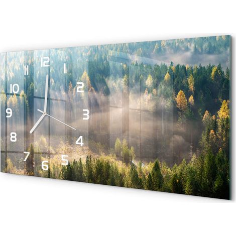 Horloge Murale Design Original 60x30 cm Verre Trempé Silencieuse Salon Brouillard dans la forêt (1/5)