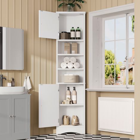 Badezimmerschrank Eckschrank mit 2 Türen, 3 offenen Fächern und verstellbaren Einlegeböden, lackiert, MDF, Weiß, 37 x 24.5 x 170 cm