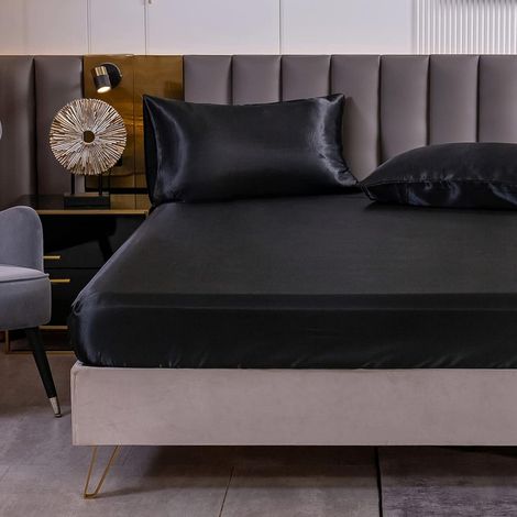 Drap Housse Satin 150x200 cm 2 Personnes avec Grand Bonnet de 30 cm pour Matelas Épais - Drap-Housse Douce en Satin de Polyester Couleur Unie, Noir (1/5)