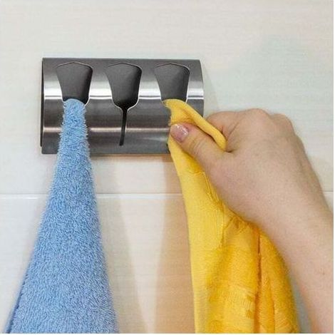 pair Porte Serviette Salle de Bain Adhésif, Patère Torchons Cuisine avec 3 Crochets INOX Brossé, 10 kg (1/4)