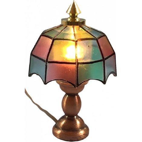 Lampe de table en bronze pour maison de poupée, abat-jour Tiffany coloré, éclairage électrique 12 V ( )