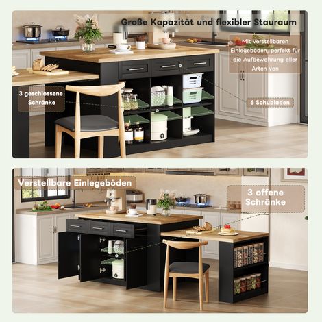 Îlot de cuisine multifonctionnel, 150x96 cm, avec table extensible noire, plan de travail en bois stratifié et placards de rangement intégrés. Parfait pour grandes cuisines familiales et recevoir. (1/5)