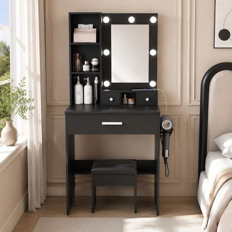 MEUBLIV Toeletta 60 x 38 x 131,5 cm nera con LED, presa integrata e sgabello (1/5)