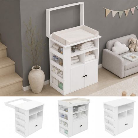 Commode à langer bébé 2 en 1, meuble de change avec barrière amovible et rangements, 82x50x100 cm blanc pour chambre (1/5)