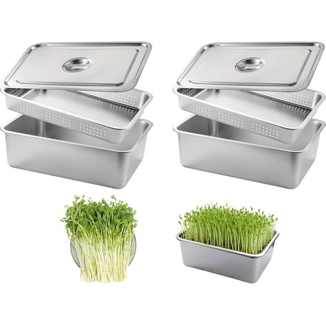2 Piece Stainless Steel Germination Kit, 32 x 22 cm Germination Plates with Fine Sieve – Microgreens Grow Bins, Soiless Germinator for Watercress, Alfalfa, Beans – Dishwasher (1/5)