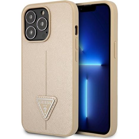 Funda rígida Guess GUHCP14LPSATLE para iPhone 14 Pro de 6.1 pulgadas, color beige, con logo triangular Saffiano. (1/5)