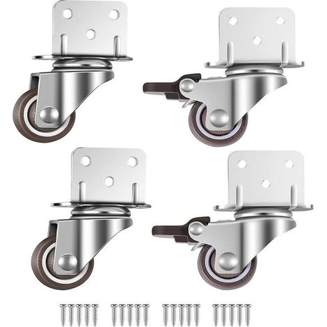 Lot de 4 roulettes pivotantes pour meubles et pots de fleurs avec frein - plaque de montage en L, 25 mm