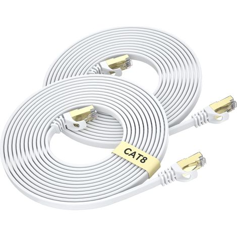 Cat 8 Câble Ethernet 3 Mètres 2 Pièces, Câble Réseau LAN Gigabit RJ45 Plat Haute Vitesse, Cordon de Brassage Internet 40Gbps 2000MHz pour Commutateur,Routeur,Modem,PC (Blanc) (1/5)