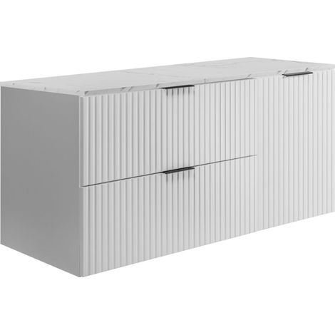 Meuble de salle de bain suspendu, blanc / plan de travail en marbre blanc aspect imprimé (MDF), 120 x 57 x 46 cm (1/5)