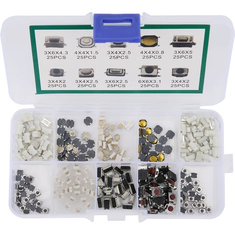 Kit de 250 interrupteurs tactiles à bouton-poussoir (10 types différents) pour la fabrication de produits électroniques DIY. (1/5)