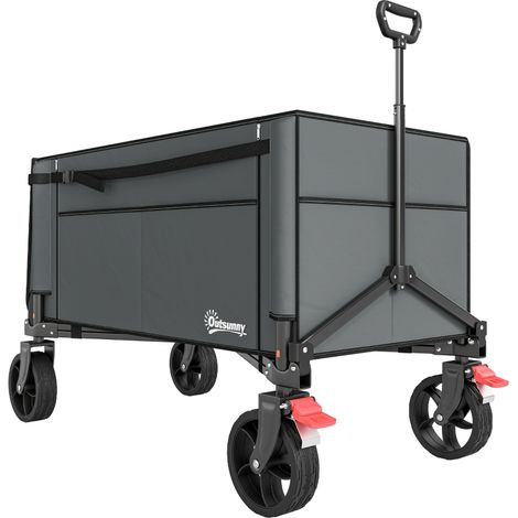 Folding Trolley on Wheels, 150L Collapsible Wagon Festival Trolley Cart with Openable Sides, Adjustable Handle and Brakes for Shopping Camping Beach and Garden, Grey
