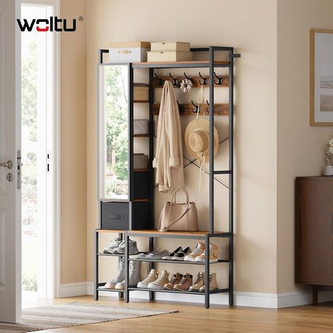 WOLTU Free-Standing Stand Rack Hat with Mirror, Shoe Storage  9 Hooks, 2 Drawers for Bedroom, Living Room and Hallway Black + Rustic Brown (1/5)