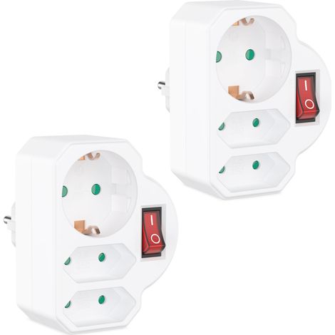 2X Prise Multiple Blanche avec Interrupteur - Adaptateur de Prise avec sécurité Enfant - Double Prise 3680W - Multiprise Triple - 2X Euro et 1x Schuko - Prise de Courant Multiple (1/2)