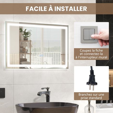 Miroir LED 60 x 40 cm avec éclairage dimmable 3 couleurs, anti-buée et affichage heure-température pour salle de bains (1/5)