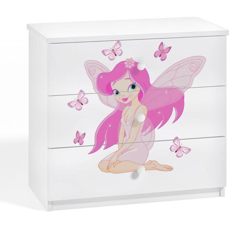 Commode enfant blanche fée avec papillons 80cm
