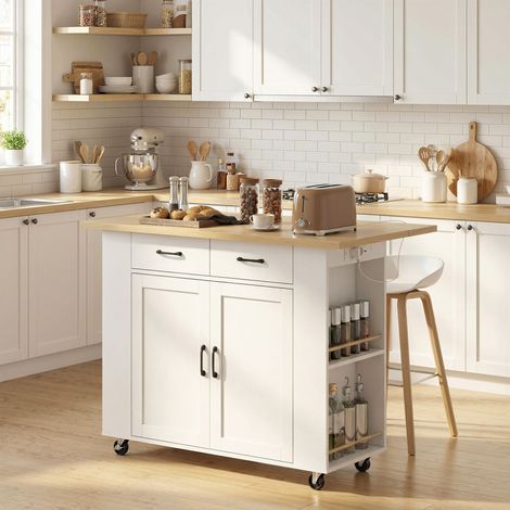 Îlot de cuisine avec station de charge blanc 2 tiroirs chariot de cuisine à roulettes avec plan de travail rabattable aménagement intérieur (1/4)