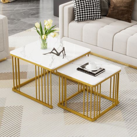 Lot de 2 tables basses carrées blanches en MDF, effet marbre brillant, pieds dorés réglables, gigognes 60 x 60 x 45 et 45 x 45 x 40 cm FLORAGRACE (1/5)