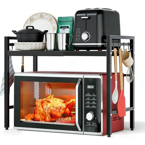 2 Niveaux Support de Four à Micro-Ondes Extensible, avec 6 Crochets  Porte-Micro-Ondes en Acier au Carbone, Longueur Réglable, 0-64cm, Convient aux étagères de Cuisine, aux étagères de Rangement (1/5)