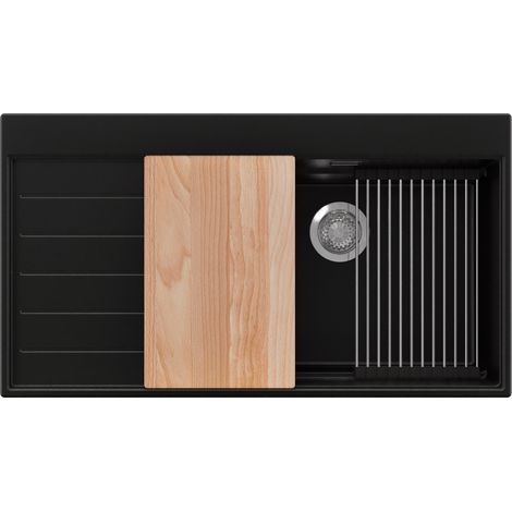 PRIMAGRAN Evier Cuisine en Granit 90x50cm,Lavabo 1 bac + Kit de Vidage + Accessoires, Évier à Encastrer au meuble 60cm - Sydney, Noir (1/5)
