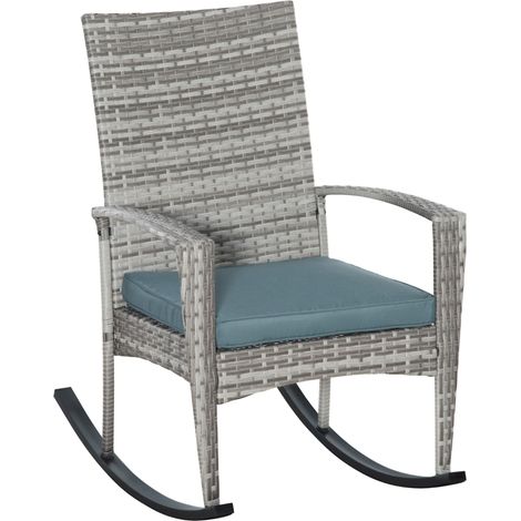 Fauteuil à bascule de jardin avec coussin en polyrattan et métal, gris, dimensions 66 x 88 x 98 cm, confort et style. (1/5)