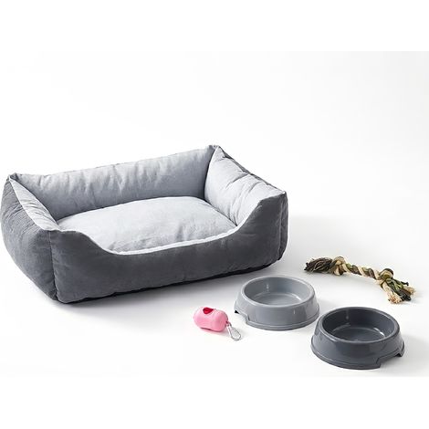 Set Accessori per Cani con Cuccia Lavabile Antiscivolo 61x48x18 cm, 2 Ciotole, Gioco in Corda 28 cm e Porta Sacchetti con 15 Sacchetti Kit Completo per Animali Domestici