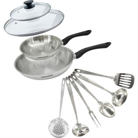 Set 2 poêles 20 et 28 cm en inox, couvercle verre et 6 ustensiles inox Fackelmann Geneva (1/5)