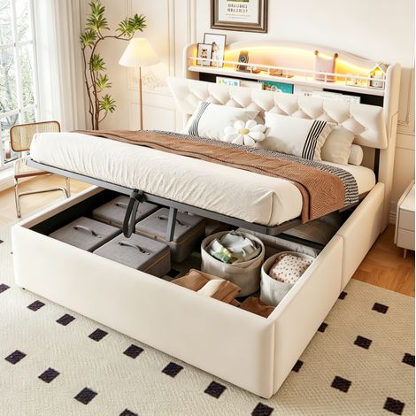 Cama tapizada 140x200 cm beige de terciopelo con almacenaje hidráulico, LED, USB y USB-C (1/5)
