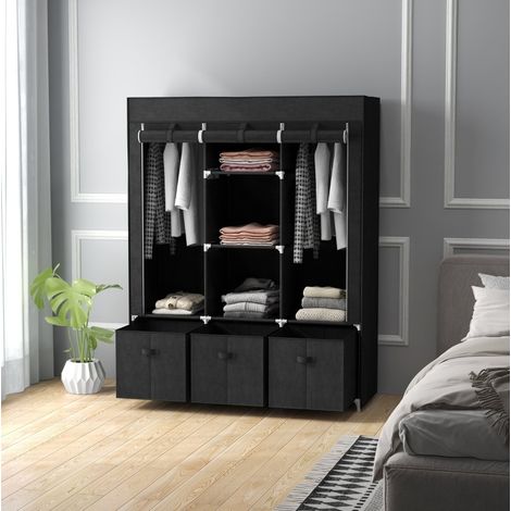 Armario de tela plegable 125 x 43 x 162,5 cm con 3 cajones negro DESVIAE (1/5)