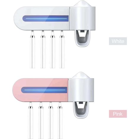 Porte-brosse à dents mural avec stérilisateur UV et distributeur de dentifrice automatique, 4 emplacements, recharge USB, blanc ou rose, sans perçage (1/5)