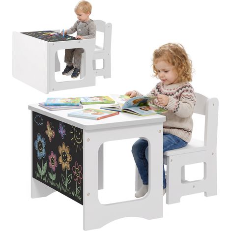 AIYAPLAY mesa infantil con silla, tablero reversible, mesa y silla infantil con pizarra para dibujo, para niños y niñas de 3-6 años, para aula, blanco (1/5)