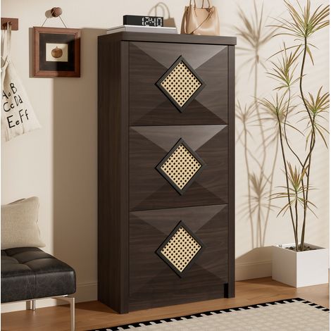 Schuhschrank 54x25x115 cm Holzoptik Dunkelbraun aus Spanplatte mit Rattan-Dekor und 3 Klappfächern (1/5)
