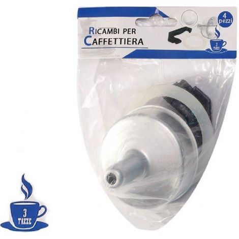TrAdE Shop Traesio - Kit 4pz Ricambi Filtro Guarnizione Manico Imbuto Caffettiera Moka Misura 3 Tazze -