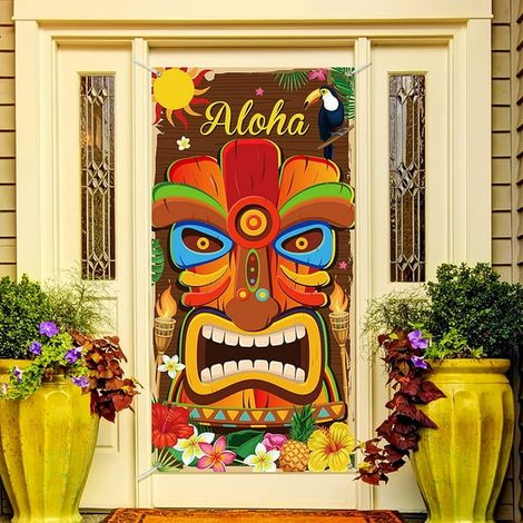 Aloha Porte Hawaienne Décor Tiki Panneau Mural pour Fête Luau Été Bannière Entrée Porche Signe Intérieur Extérieur Décoration Fournitures Party Hawaïennes Fond Photo 90 x 180 cm (1/5)