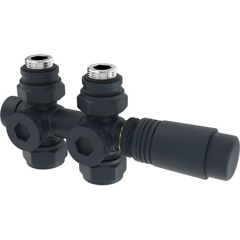 Heilmetz Multiblock Set für Heizkörper Anschlussarmatur mit Thermostat 50mm Ventil-Armaturen Heizungszubehör Eck- und Durchgangsform Wandanschluß Anschlußgarnitur Anthrazit 1 Stück (1/5)