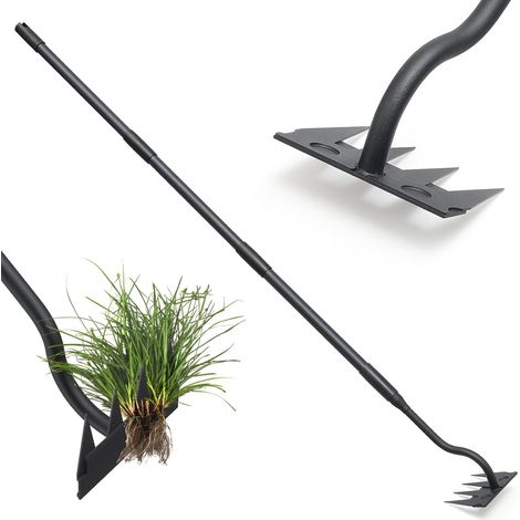 Râteau de jardin - Manche long de 140 cm - 4 dents - En acier au carbone - Râteau de jardin - Râteau à main - Outil de jardinage - Hachoir pour désherber et desserrer (1/5)