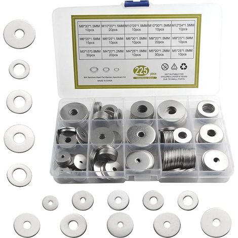 royaluxe -225 304 rondelles plates en acier inoxydable M3 M4 M5 M6 M8 M10 M12 Assortiment de rondelles plates, verrouillage et ensemble d'outils à main hydrauliques Différentes tailles,- (1/5)