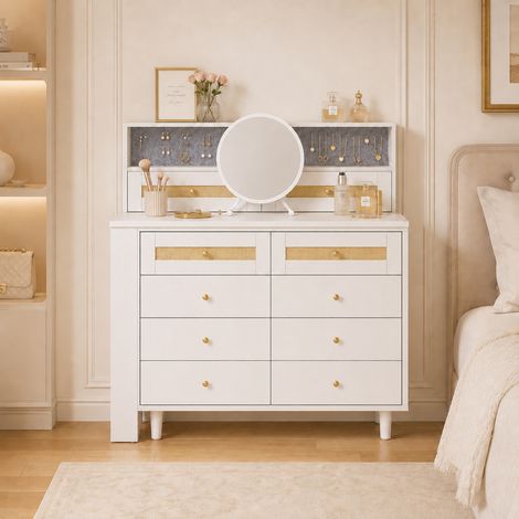 Coiffeuse avec miroir 105 cm - Table de maquillage avec 10 tiroirs, rangement bijoux, plateau en verre trempé, détails rotin - Blanc (1/5)